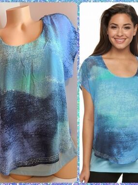 World Unity Blue Ombre Short Sleeve Embellished Ruffle Top Size Lg